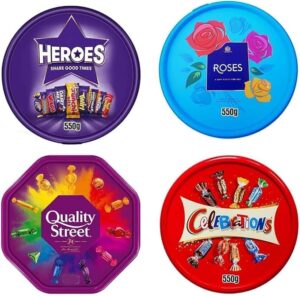 4 x Chocolate Tubs ASSORTED PACK 1 EACH Of Celebrations, Roses, Heroes and Quality Street, Swizels Sweet Shop Favourites Sharing Tub Perfect For Christmas
