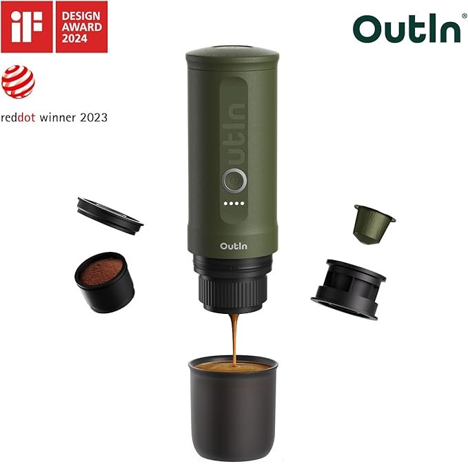 OutIn Nano Portable Electric Espresso Machine, Travel Coffee Maker for Camping, Car Coffee Maker Self-Heating with USB-C, With Ground Coffee & NS Capsule for RV, Hiking, Office