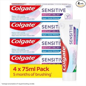 Colgate Sensitive Instant Relief Repair + Gentle Whitening Toothpaste | Instant* and Long-Lasting** Sensitivity Relief | Protective Layer with Calcium** | Fluoride Toothpaste | 4 Pack, 75ml Tubes