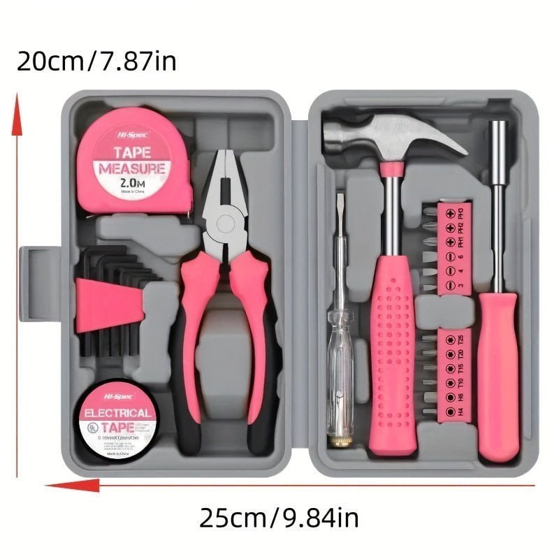 1 Set 24 In 1 Multifunctional Home Repair Hand Tool Set. Pliers. Tape Measure. Hammer Wrench. Screwdriver. Pink Hardware With Toolbox father’s day gift