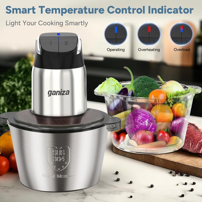 Food Processor with 8 Cup Glass Bowls & 8 Cup Stainless Steel 2-Speed Food Chopper Meat Grinder Upgraded Button & Smart Overheat Protection Light - Includes Clean Brush 2 Sets of Blades