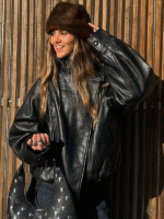 Faux Leather Stand Collar Oversized Moto Jacket, Elastic Hem Streetwear, Casual Long Sleeve Water- and Wind-Resistant Outerwear for Spring & Fall, Ladies Clothes for Daily Wear, Chic Outerwear