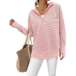 Women's Long Sleeve Quarter Zip Pullover Sweater Casual Loose V Neck Collared Ribbed Knit Jumper Tops Thumb Hole Cozy Ribbed Knit Soft Warm Trendy Colors for Every Season