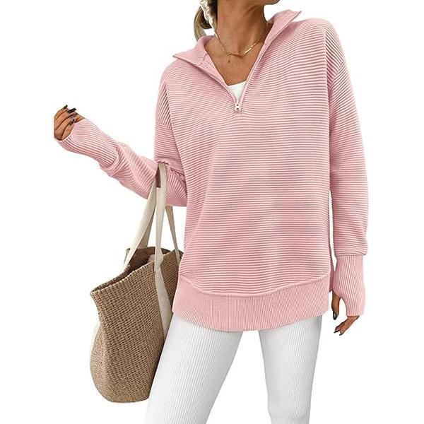 Women's Long Sleeve Quarter Zip Pullover Sweater Casual Loose V Neck Collared Ribbed Knit Jumper Tops Thumb Hole Cozy Ribbed Knit Soft Warm Trendy Colors for Every Season