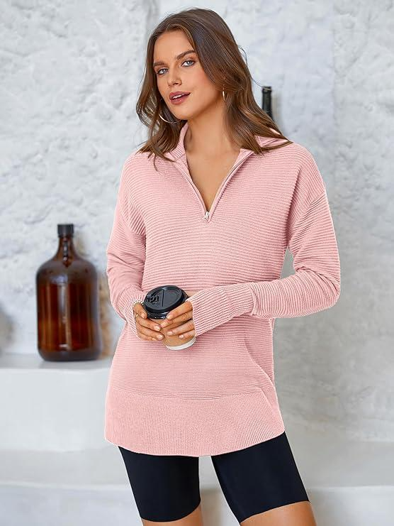 Women's Long Sleeve Quarter Zip Pullover Sweater Casual Loose V Neck Collared Ribbed Knit Jumper Tops Thumb Hole Cozy Ribbed Knit Soft Warm Trendy Colors for Every Season - Image 3