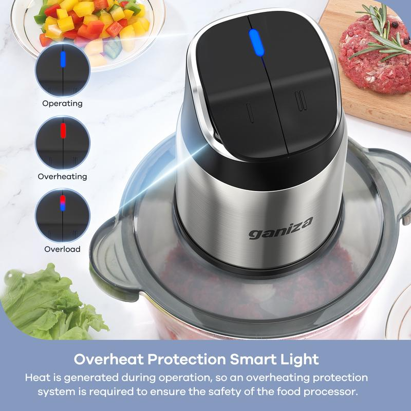 Food Processor with 8 Cup Glass Bowls & 8 Cup Stainless Steel 2-Speed Food Chopper Meat Grinder Upgraded Button & Smart Overheat Protection Light - Includes Clean Brush 2 Sets of Blades - Image 3