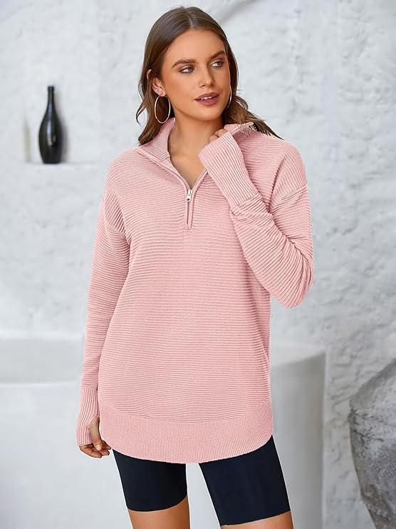 Women's Long Sleeve Quarter Zip Pullover Sweater Casual Loose V Neck Collared Ribbed Knit Jumper Tops Thumb Hole Cozy Ribbed Knit Soft Warm Trendy Colors for Every Season - Image 4
