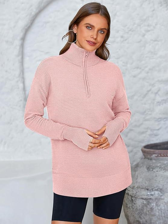 Women's Long Sleeve Quarter Zip Pullover Sweater Casual Loose V Neck Collared Ribbed Knit Jumper Tops Thumb Hole Cozy Ribbed Knit Soft Warm Trendy Colors for Every Season - Image 5