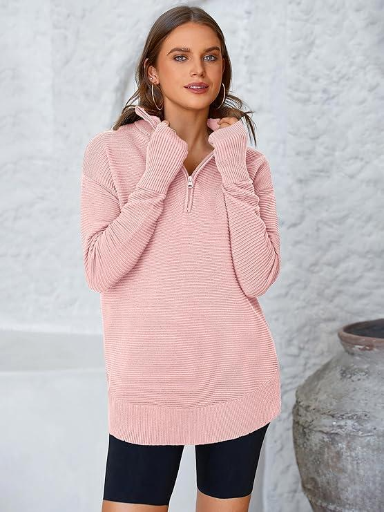 Women's Long Sleeve Quarter Zip Pullover Sweater Casual Loose V Neck Collared Ribbed Knit Jumper Tops Thumb Hole Cozy Ribbed Knit Soft Warm Trendy Colors for Every Season - Image 6