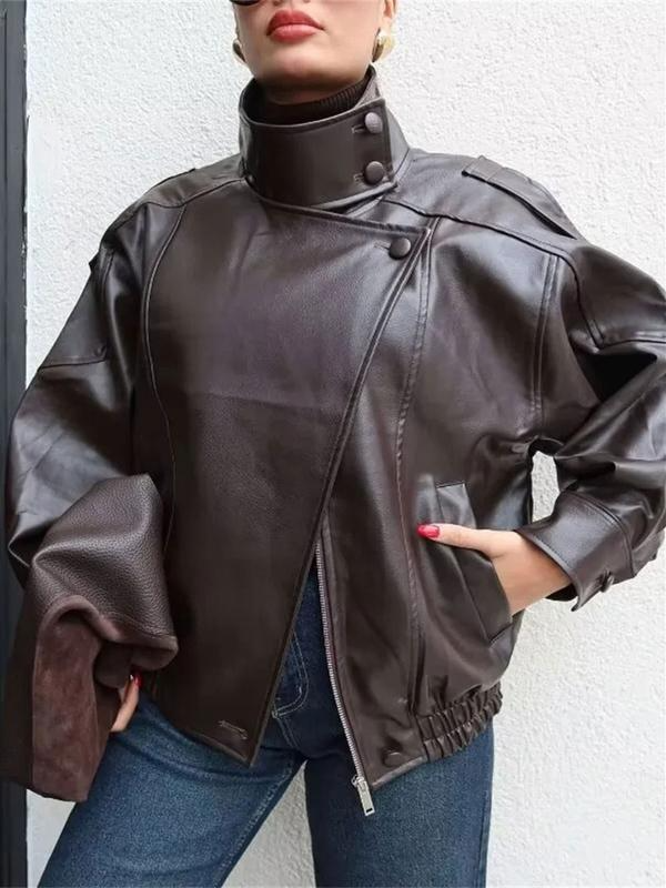Faux Leather Stand Collar Oversized Moto Jacket, Elastic Hem Streetwear, Casual Long Sleeve Water- and Wind-Resistant Outerwear for Spring & Fall, Ladies Clothes for Daily Wear, Chic Outerwear - Image 6