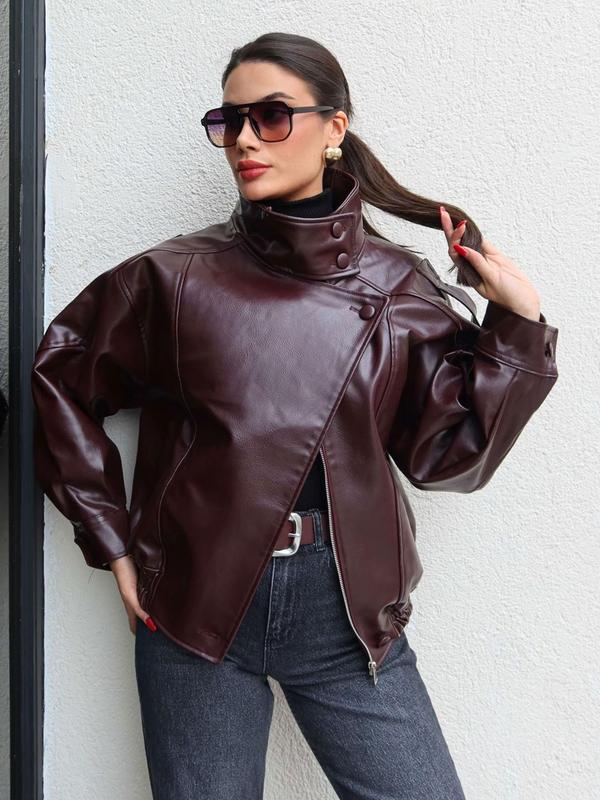Faux Leather Stand Collar Oversized Moto Jacket, Elastic Hem Streetwear, Casual Long Sleeve Water- and Wind-Resistant Outerwear for Spring & Fall, Ladies Clothes for Daily Wear, Chic Outerwear - Image 8