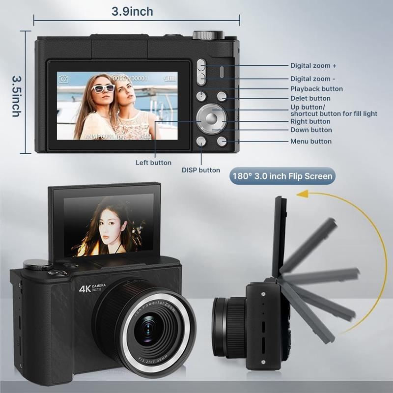 4K Digital Camera for Photography, Y2K Foldable Screen Portable Vlogging Camera with 32GB SD Card, Wrist Strap, Self Timer, Anti-Shake, 16X Digital Zoom, Ideal Gift for Girls, Boys Teenagers, and Beginners, Birthday Christmas Valentine's Day Gift - Image 8