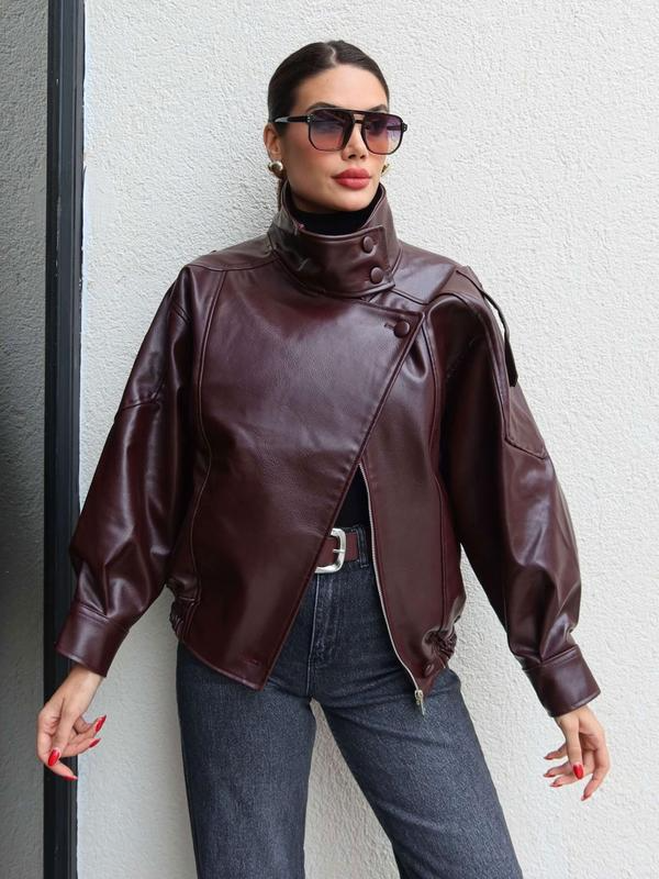 Faux Leather Stand Collar Oversized Moto Jacket, Elastic Hem Streetwear, Casual Long Sleeve Water- and Wind-Resistant Outerwear for Spring & Fall, Ladies Clothes for Daily Wear, Chic Outerwear - Image 9