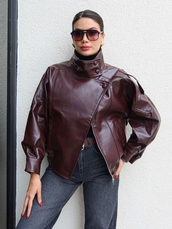 Faux Leather Stand Collar Oversized Moto Jacket, Elastic Hem Streetwear, Casual Long Sleeve Water- and Wind-Resistant Outerwear for Spring & Fall, Ladies Clothes for Daily Wear, Chic Outerwear - Image 10