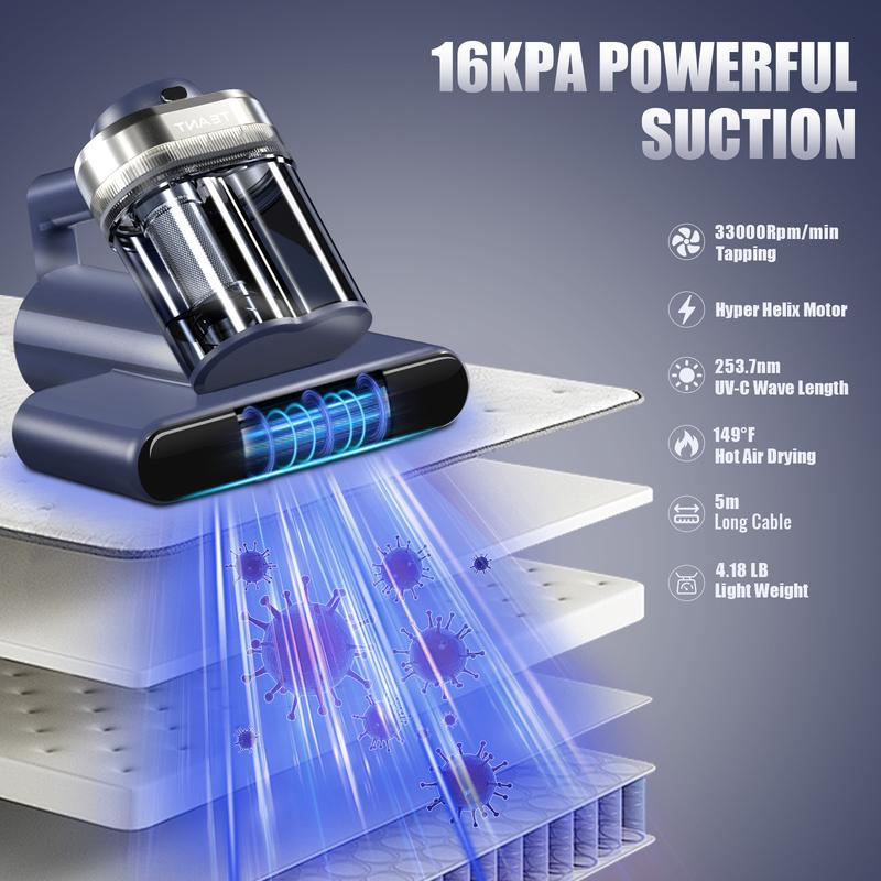 Mattress Vacuum Cleaner for Dust Mites Removal, Bed Vacuum with UV-C Light & 149℉ Hot Air & Aroma Tablet & LED Display, Hyper Helix Motor&16Kpa Powerful Suction Double-Cup Handheld Vacuum Cleaner With HEPA Filter for Bed Couch Sofa - Image 2